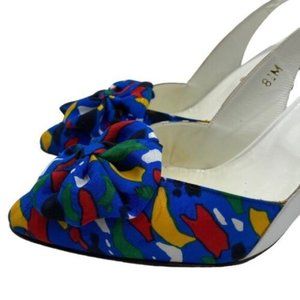 Vintage White & Multi Colored Bow Sling Back Heels